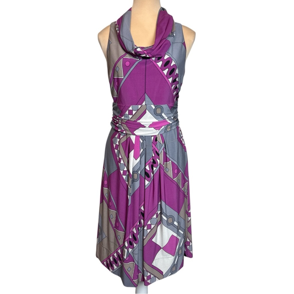 Eliza J Bold Purple Gray Geometric Print Cowl Neck Cocktail Midi Size 8